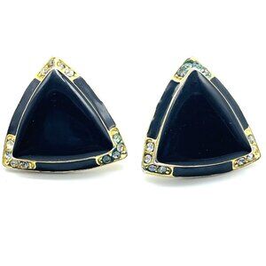 Vintage HJ Black Enamel Triangle Earrings Pierced Signed